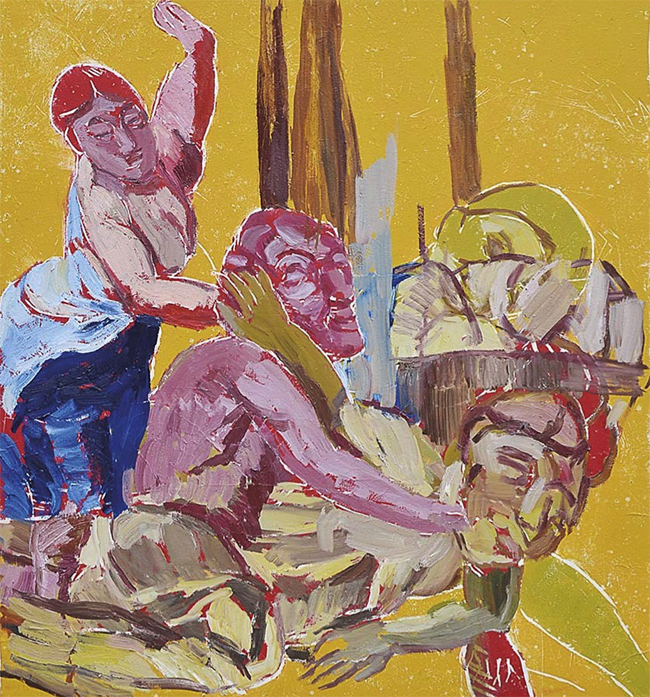 «Baccanale 3», 2019, Linoldruck übermalt auf Leinwand, 110 x 95 cm
